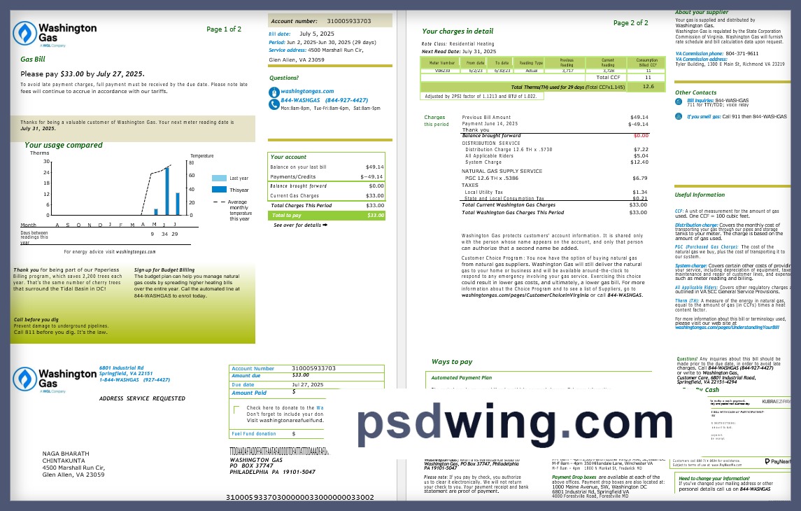 USA Washington Gas Utility Bill (Word & PDF)